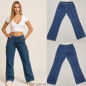 R.V.T. Serve Piping Hot Vintage 90s Mid-Wash Blue Mid Rise Flared Cargo Jeans